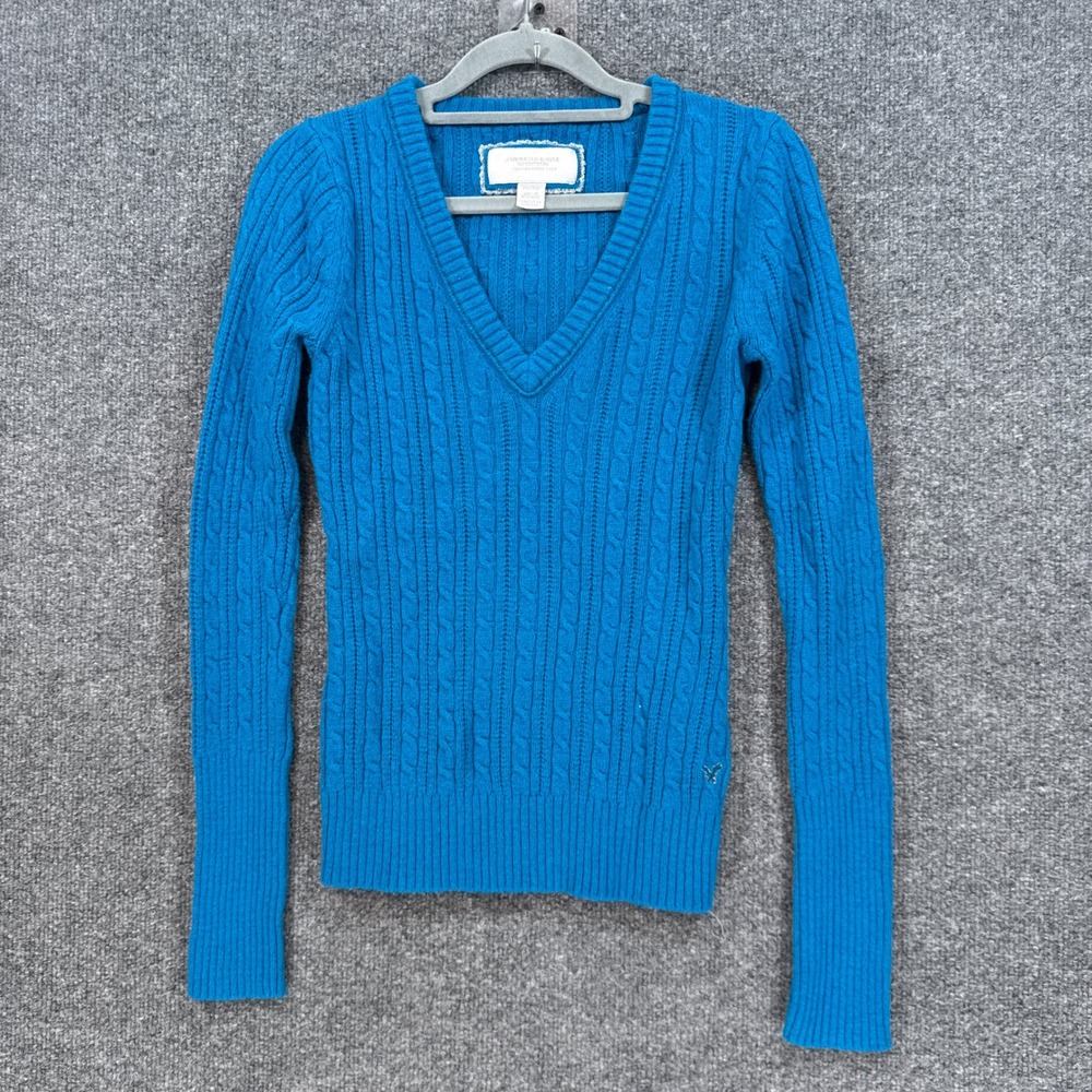 Vintage Y2K American Eagle Sweater Womens Medium Blue Cable Knit Vneck Pullover